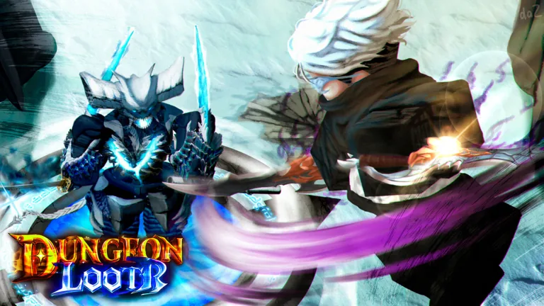 Two Dungeon Lootr fighters clash with blue and purple effects