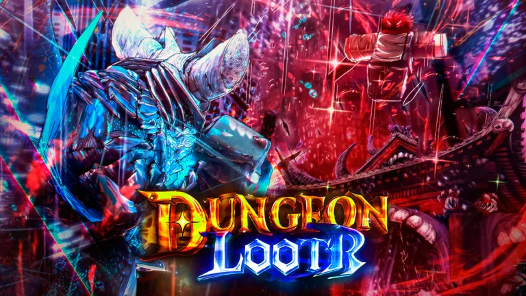 Dungeon Lootr key art split between an icy armored fighter and a red-lit dungeon battle
